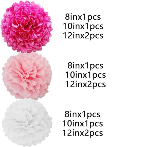 Image of We Moment Rose Red and Pink White Paper Flowers Decorations for Pink Party Baby Shower Ceiling Wall Hanging Tissue Pom Poms 12pcs 3 Colors