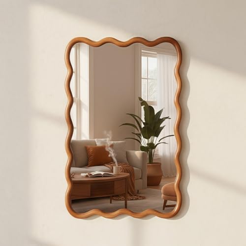 Image of YFANLYNXCI Boho Wavy Wood Mirror 24 x 36 — Wavy Edge Solid Wood Frame Decorative Wall Mirror for Bedroom Bathroom Living Room Entryway Vanity Rustic Organic Shaped Scalloped Wood Mirror (Walnut)