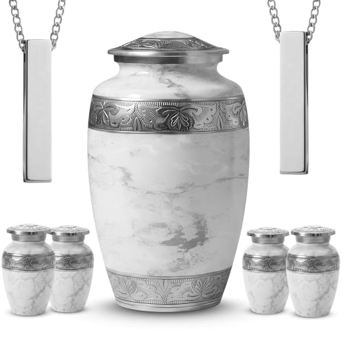 Family Tribute White Marble Cremation Urn for Human Ashes Set – Beautiful Large Funeral Urn for Adult (220lbs) with 4 Small Keepsake & 2 Memorial Ash Necklaces to Honor Your Loved Ones