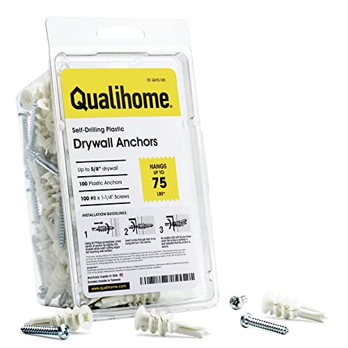 Image of Qualihome Drywall Anchors with Screws - Self-Drilling Drywall Anchors, Anti-Spin Grip, No Pre-Drill Wall Anchor Kit, Strong & Reliable Hold, 100 Pack (200 Pieces)