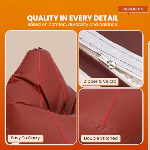 Image of Sattva Classic Piping XXXL Bean Bag with Pocket Filled with Beans | Faux Leather Teardrop Bean Bag for Adults & Teens | Pre-Filled Comfortable Seating for Bedroom, Living Room - Tan with Red Piping