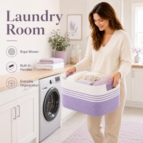 Image of 25.4GAL Collapsible Cotton Rope Extra Large Storage Basket For Bedroom Closet, Boho Rectangular Short Hamper Woven Storage Baskets for Living Room Throw Pillows Blankets Dirty Clothes, White Purple