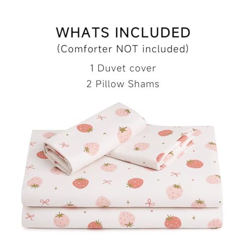 Image of Girls Duvet Cover Set Full Size Pink White Strawberry and Heart Pattern Reversible Bedding Set Cartoon Cute Style,Soft Microfiber Comforter Cover with Zipper Closure and 2 Pillowcases