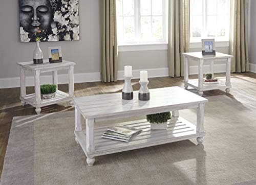 Signature Design by Ashley Cloudhurst Farmhouse 3-Piece Set, Includes 1 Coffee Table and 2 End Tables with Lower Storage Shelf, White with Rustic Finish