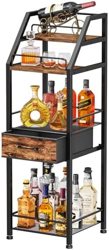 HapiRm Wine Rack Freestanding Floor - 4-Tier Stepped Liquor Cabinet Bar Stand for Home with Fabric Drawer, Wine & Glass Organizer for Living Room, Kitchen, or Dining Room