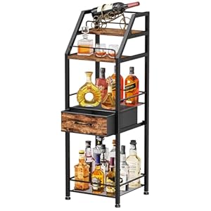 HapiRm Wine Rack Freestanding Floor 4 Tier Stepped Liquor Cabinet Bar Stand for Home with Fabric Drawer Wine Glass Organizer for Living Room Kitchen or Dining Room