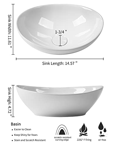 Bathroom Vessel Sink Set - Sentani 15"X12" Oval Ceramic Vessel Sink Basin With Faucet Pop Up Drain - Modern Egg Shape Above Counter Vanity Bowl - Glossy White #TOP2