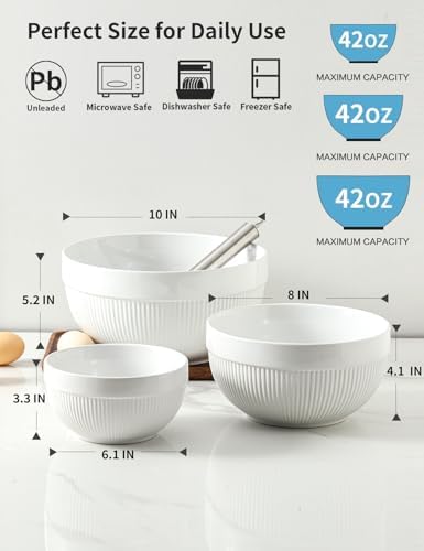 Large Ceramic Mixing Bowls, White Kitchen Bowls (1QT/2.3QT/4.6QT), Set of 3 Nesting Bowls for Baking, Cooking, Serving, Prepping, Dough Bread Making Bowl, Microwave and Dishwasher Safe - Thumbnail 5