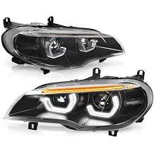 Auto Dynasty Non AFS Dual Animated Start-Up Halo Sequential LED Turn Signal Projector HID Headlights Assembly Compatible with BMW X5 2011-2013, Driver and Passenger Side, Black Housing