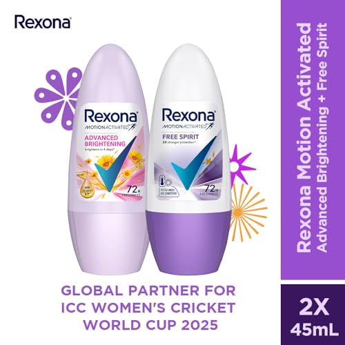 Image of Rexona Roll-On Deodorant | Advanced Brightening + Free Spirit Motion Activated Deo for Women | up to 72Hr odour protection | 45 ML each