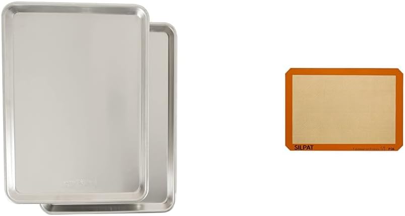 Nordic Ware Natural Aluminum Commercial Baker's Half Sheet, 2-Pack, Silver & Silpat Premium Non-Stick Silicone Baking Mat, Half Sheet, Cream
