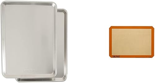 Nordic Ware Media hoja comercial de aluminio natural, paquete de 2, plateado y Silpat Premium antiadherente de silicona para hornear, media hoja,