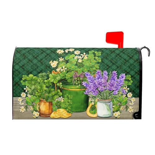 Image of St Patrick's Day Mailbox Covers Magnetic Standard Size 18 X 21 Inch Spring Shamrocks Magnetic Mailbox Cover Green Lucky Clover Mailbox Wraps Holiday Post Letter Box Cover for Garden Yard Outside Decor