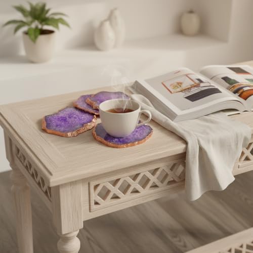 Image of Natural Agate Stone Tea Coasters Set | Premium Stone Coasters for Tea, Coffee & Glass | Heat Resistant Coasters for Dining Table, Office Desk & Home Decor | Pack of 4 | Color -Purple