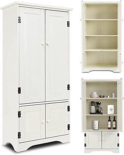 RELAX4LIFE Armoire de Rangement à 4 Niveaux Avec Portes, Étagères Réglables, Bibliothèque Sur Pied en Bois, Multifonctionnel Pour Maison, Bureau (Blanc)