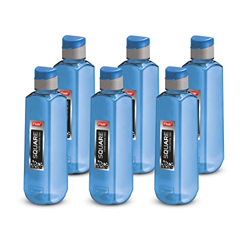 Image of Flair Square PET Water Bottles with Fliptop Lid Set of 6 Pcs 1000 ML (Blue)