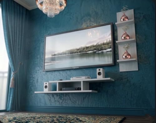 Image of 48 Inches Tailed Broad Base Tv Cabinet Floating Shelves for Wall Set,Wall Mounted Shelf for Living Room, Bedroom, Outdoor,Gallery,Stairs (Russian White)