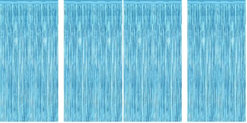 Image of 4 Pack Backdrop Curtains, 3.28 Feet x 7.05 Feet Sky Blue Tinsel Backdrop, Metallic Fringe Curtains Foil Tinsel Party Streamer, Winter Backdrop Happy Birthday Party Supplies