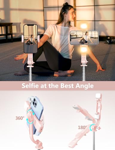 Image of Selfie Stick with Light, 45'' Selfie Stick Tripod with Wireless Remote, Portable Travel Phone Tripod Compatible with,Android Smartphone (White) (Pink - 45 inch Standard Height)