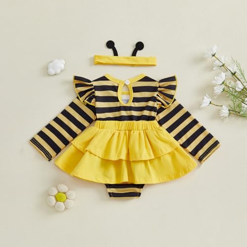 VISGOGO Baby Girl Romper Dress Newborn Bee Fall Winter Clothes Infant Striped Jumpsuits with Headband4
