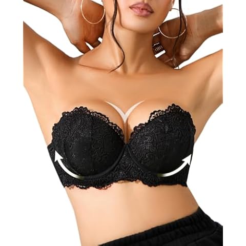 YANDW Padded Strapless Bra Push Up Add 2 Cup Supportive Bras for Women with Clear Straps Multiway Lace Balconette Black,32C Cover