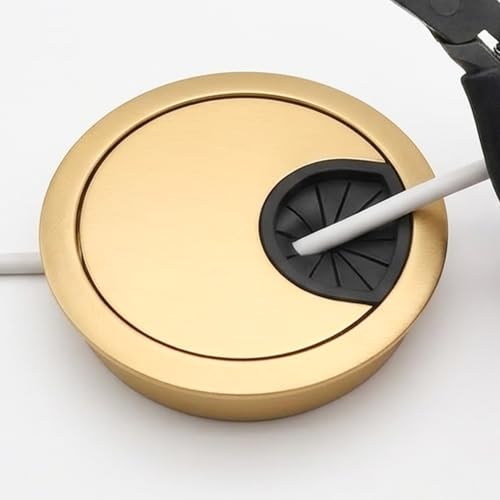 Image of Aluminum Alloy Desk Grommet - Round Metal Cable Wire Hole Cover with Flip Dust-Proof Lid for Office Desk, Computer Table, TV Cabinet & Furniture - Cord Organizer (60mm Round, Gold)
