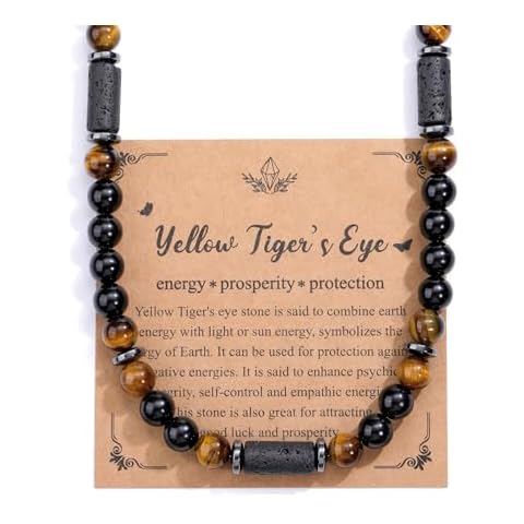 Top Plaza Men's Tiger Eye Lava Stones Healing Crystal Necklace Handmade Gemstone Beaded Necklace for Men Stress Relief Balance Protection Jewelry Gifts Cover