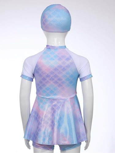 Kids Girls 3Pcs Fish Scales Print Swimsuit Short Sleeve Swim Dress with Bottoms and Cap Beach Bathing Suit4