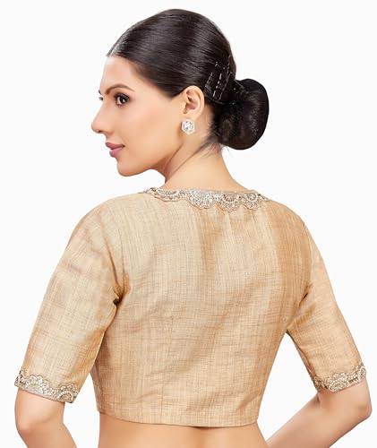 Image of Studio Shringaar Crepe Women's Linen Brocade Embroidered V-Neck Readymade Saree With Elbow Length Sleeves Blouse