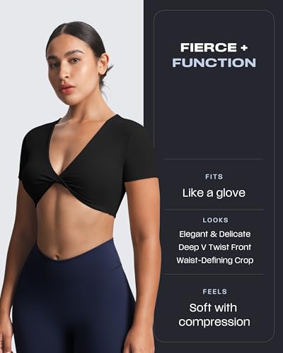 Image of Aoxjox Short Sleeve Crop Tops for Women Sienna Twist Deep V Workout Cropped T Shirt Top