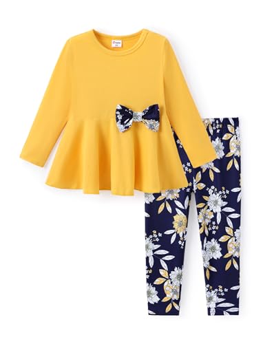 Image of PATPAT Toddler Kids Girls 2Pcs Clothes Set Bowknot Design Ruffle Hem Long Sleeve Top and Floral Print Pant Outfits