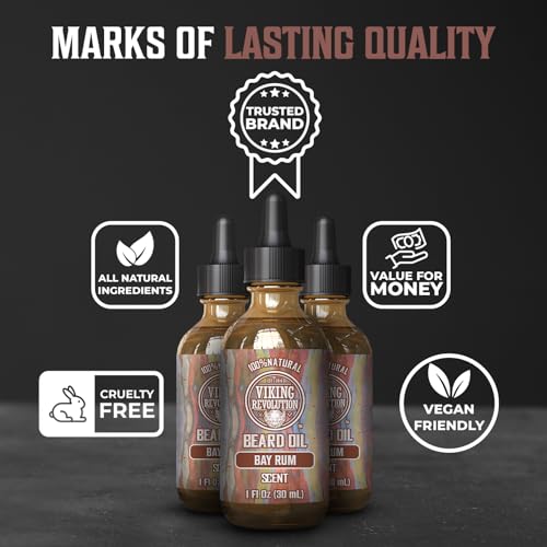 Image of Viking Revolution Bay Rum Beard Oil for Men - Natural Argan and Jojoba Oil Blend for Softening, Strengthening, and Moisturizing Beards (3 Pack)