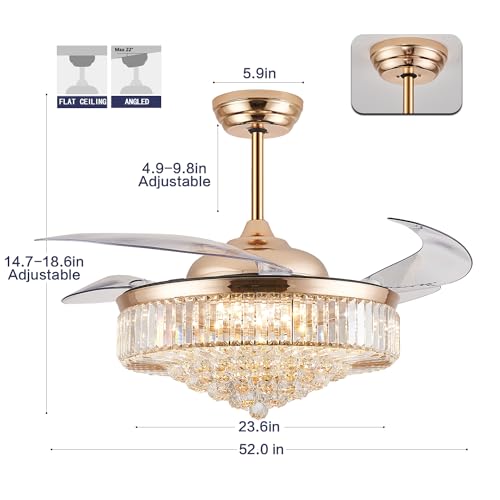 DuMaiWay 52" Dimmable Chandelier Ceiling Fan with Lights,Retractable Crystal Fandelier Ceiling Fan with APP Control for Bedroom Living Room Polished Gold 6 Speed by DuMaiWay - Used condition - Image 4