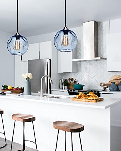CASAMOTION Pendant Light Kitchen Island Lighting Blown Glass Art Deco Blue Seeded Brush Nickel 8.5 Inch Diam 2-Pack - Image 3