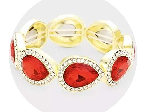 Red Teardrop Gold Stretch Stretchable Cuff Crystal Rhinestone Pageant Bracelet