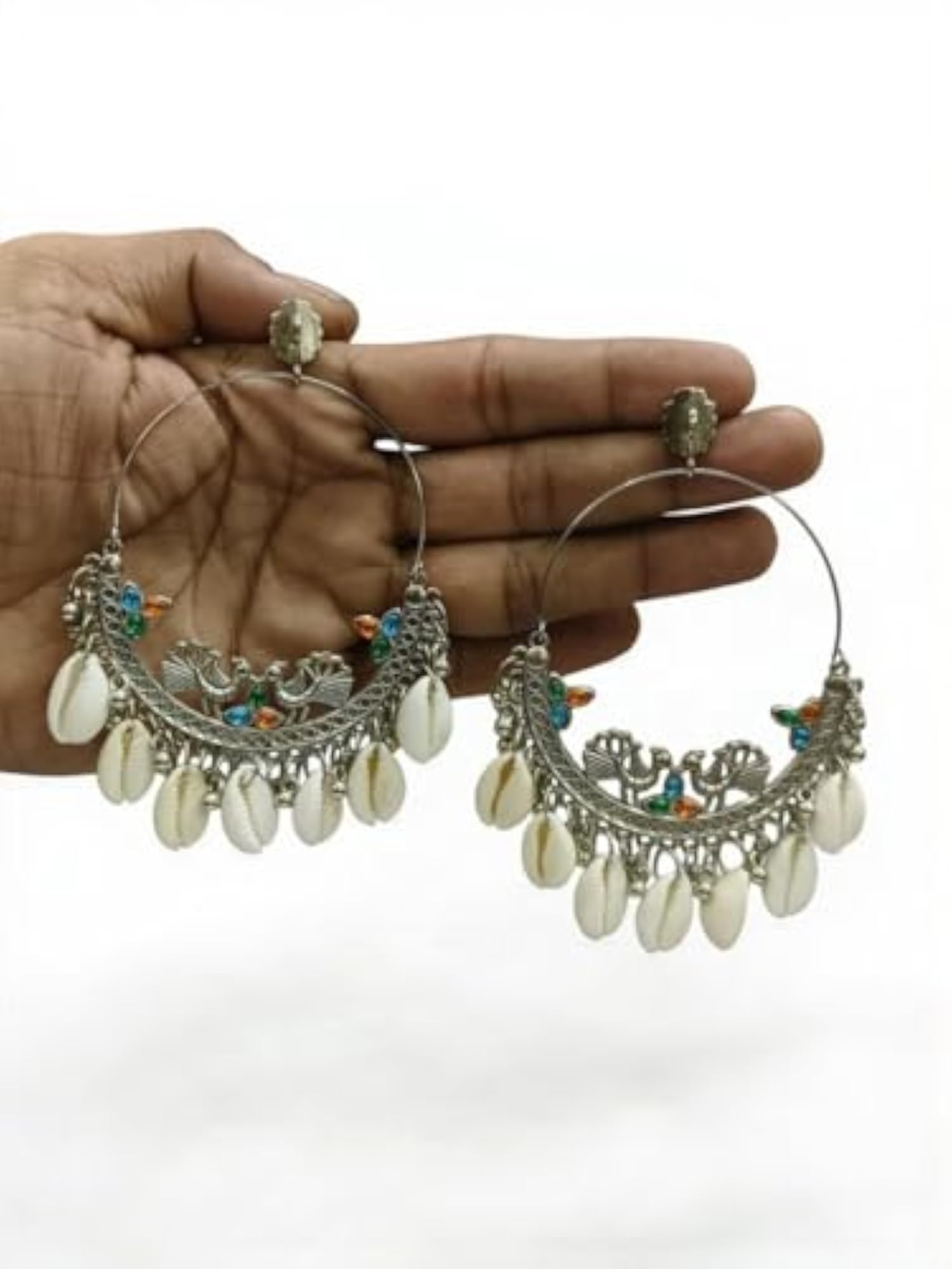 Oxidized Cowrie Shell Chandbali Earrings, Traditional Design