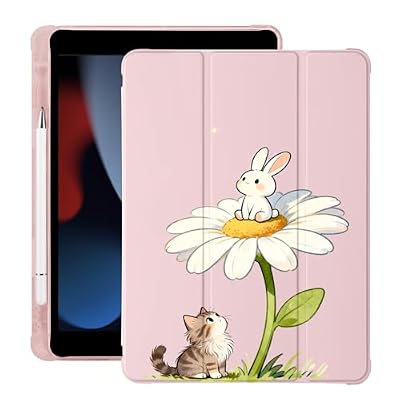 BlHMCASE Cue Kitten Cat Bunny Flower for iPad Air 13 Inch Case M3 2025/M2 2024 with Pencil Holder, Auto Sleep/Wake, Pink Leather Soft TPU Back Cover