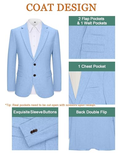 Men’s Linen Suits 2 Piece Slim Fit Sets Vintage Casual Men Suit Linen Tuxedo Summer Wedding Prom Blazer Jackets Drawstring Pants Sets Light Blue Size XS4