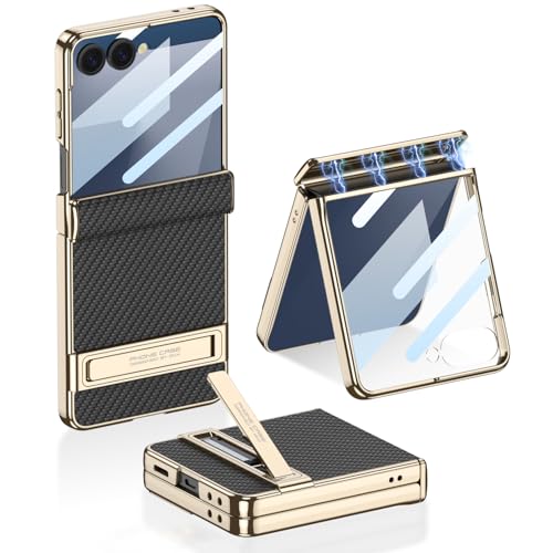 Image of Midkart Magnetic Cover Compatible with Samsung Galaxy Z Flip 7 Release 2025 Hinge Protection Leather Case Kickstand Electroplated with Front Glass and Camera Protection, Fiber Black