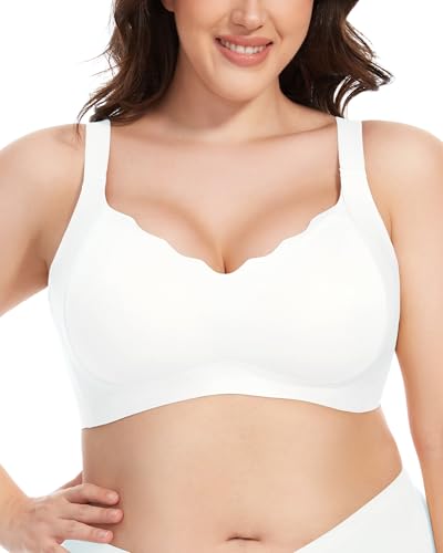Quttlzze Scalloped Lift Bras for Women No Underwire Buttery Soft Push Up Wireless Bras V Neck Seamless Bralettes White,S