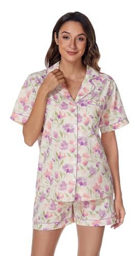 Image of LUBOT 100% Cotton Women's Pajamas Set Button-Down Two-piece PJ Set Short Sleeve Printed Patterned Summer Sleepwear Loungewear (Purple Floral, 2XL)