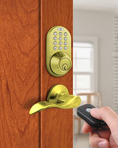Milocks Xfl-02P Digital Deadbolt Door Lock And Passage Lever Handle Combo With Keyless Entry Via Remote Control And Keypad Code For Exterior Doors, Polished Brass #TOP2
