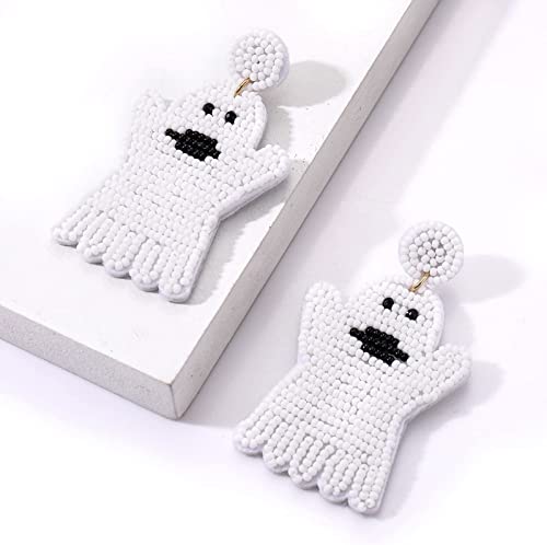 2 Pairs Halloween Beaded BOO Ghost Drop Earrings for Women Handmade Pumpkin Teardrop Dangle Earrings Statement Festive Party Costume Jewelry Gifts4