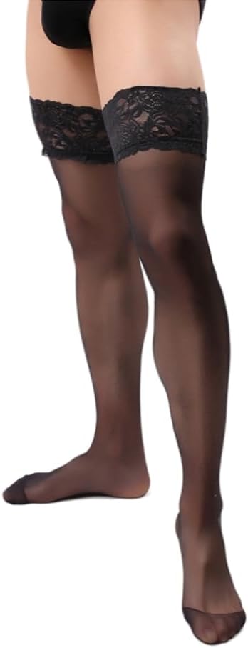 Manguo Mens Lace Top Thigh High Stockings Over Knee Antiskid Fishnet Sissy Long Socks for Men - Image 2