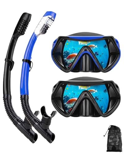 Snorkeling Gear for Adults, Dry Snorkel Mask Set, Scuba Diving Snorkle mask Set Adult, Panoramic Wide View Anti-Fog Dive mask, Swimming Diving Snorkeling Packages (Black+Blueï¼ˆ2 Setï¼‰)