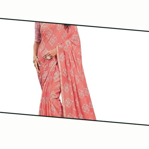 Image of Laxmipati Sarees Women's Floral Printed Chiffon Saree in Peach Color with unstitched Blouse Material - Suitable For All Indian Occasions and Festivals