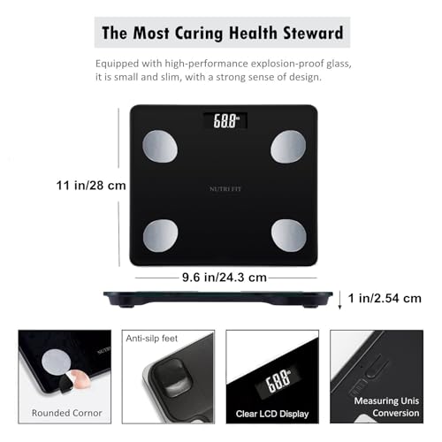 NUTRI FIT Bathroom Weighing Scale for Body Weight and Fat, Digital Smart Scale with Bluetooth, Body Composition Watchers with APP for BMI, Muscle, Weight Loss, Max 150kg/330lb