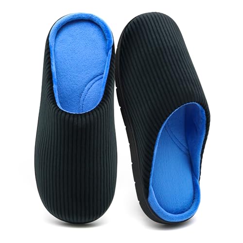 Men's Bedroom House Slippers, Comfy Two-Tone Clog Home Shoes for Men Indoor Outdoor Non-slip Sole, Cozy Mens Half Scuff Closed Toe for Winter Black/Blue 9-10