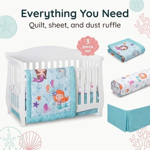EVERYDAY KIDS 3 Piece Girls Crib Bedding Set - Mermaid Adventures - Includes Quilt, Fitted Sheet and Dust Ruffle - Nursery Bedding Set - Baby Crib Bedding Set - Image 5