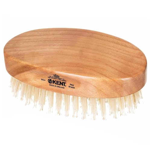 Kent MC4 Men's Hair and Beard Brush Kit: Exfoliating Natural Boar Bristle Hair Brush, Cherrywood Base with Firm Bristles for Coarse Hair Types - LPC3 Brush Cleaner - Premium Grooming Set